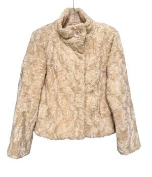 Derhy Faux Fur Jacket Beige Teddy Plush Textured Coat High Collar Women's S